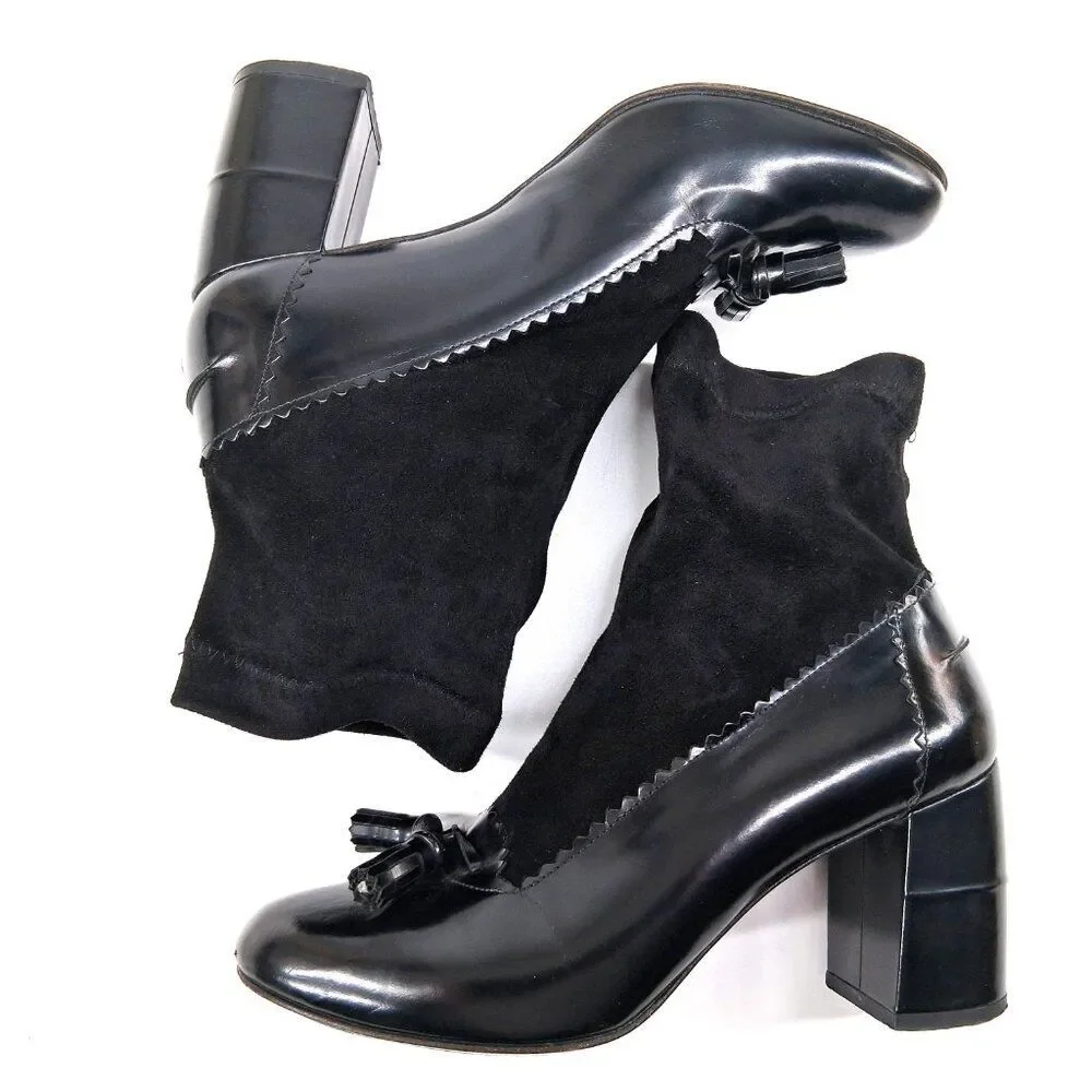 Robert Clergerie Paris Black Leather Sock Boot Heels Tassel Scallop Y2K SZ 7